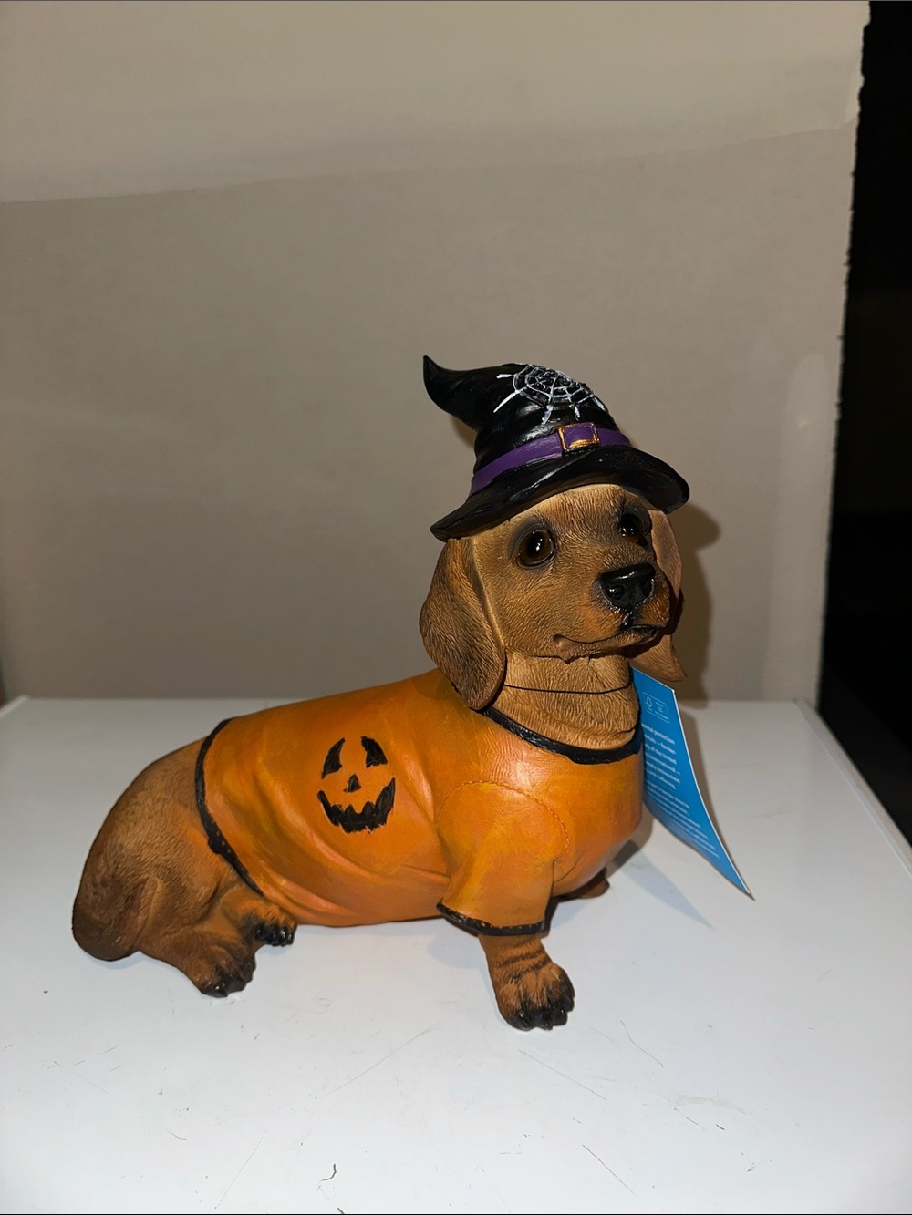 Halloween Dachshund Dog Figurine in Orange Costume with Witch Hat, NWT